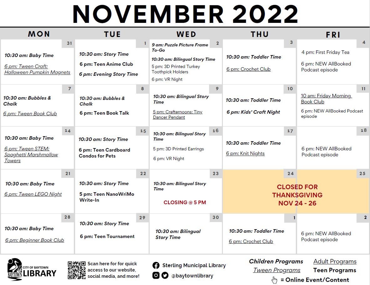 November Calendar Sterling Municipal Library